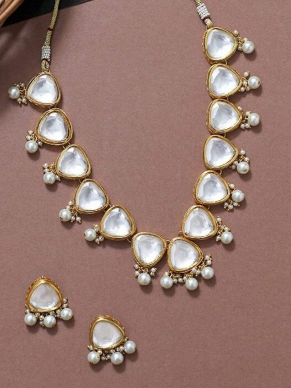 Gold Plated Pearl Polki Kundan Bridal Necklace Set Bollywood Rani Haar